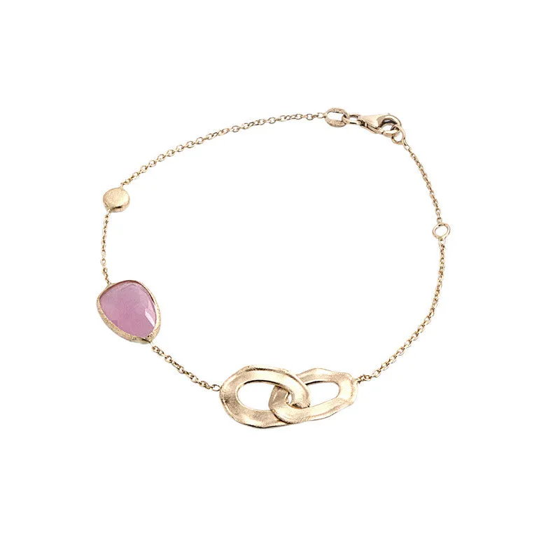 14 Karat Yellow Gold Pink Jade, Gold Bead and Gold Link Station Bracelet