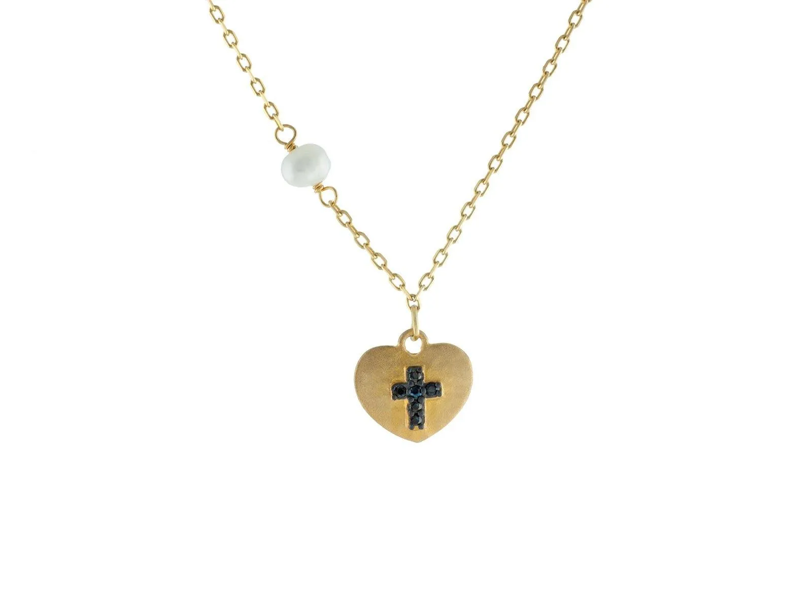 14k Gold Plated Silver Satin Heart w/ engraved Black Cross & Dangling Pearl Necklace, 15.5"