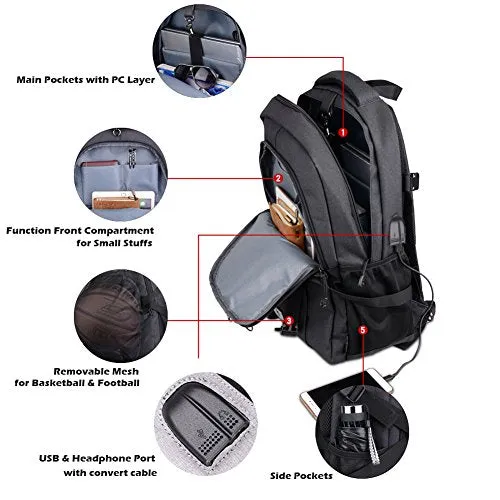 2-FNS Oxford Laptop Backpack, USB Charging & Headphone Port with Basketball Met