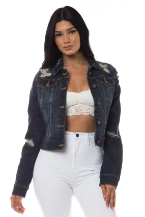 8022 Women's Cropped Distressed Denim Jacket