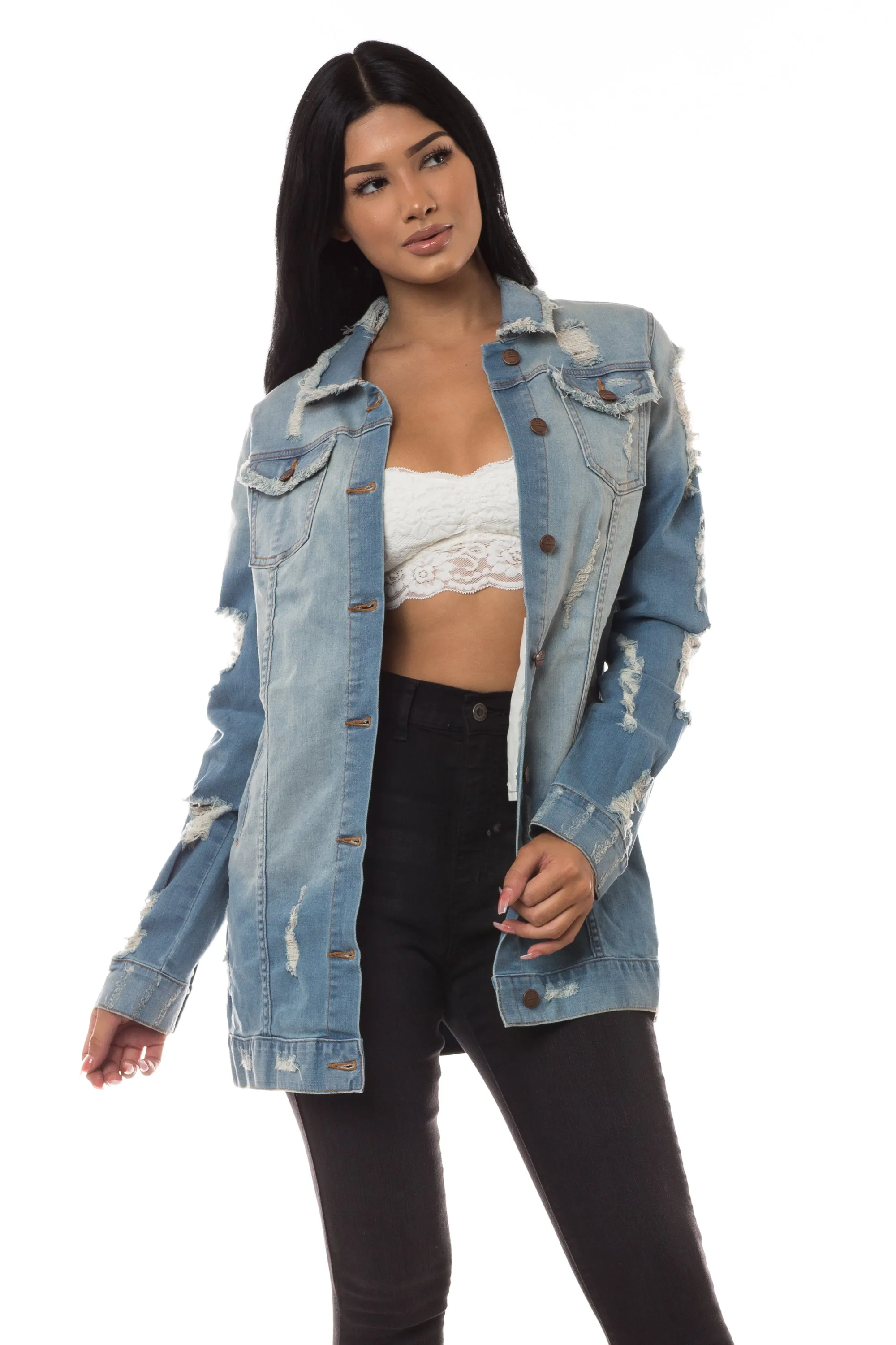 8025F Women's Oversized Distressed Denim Jacket