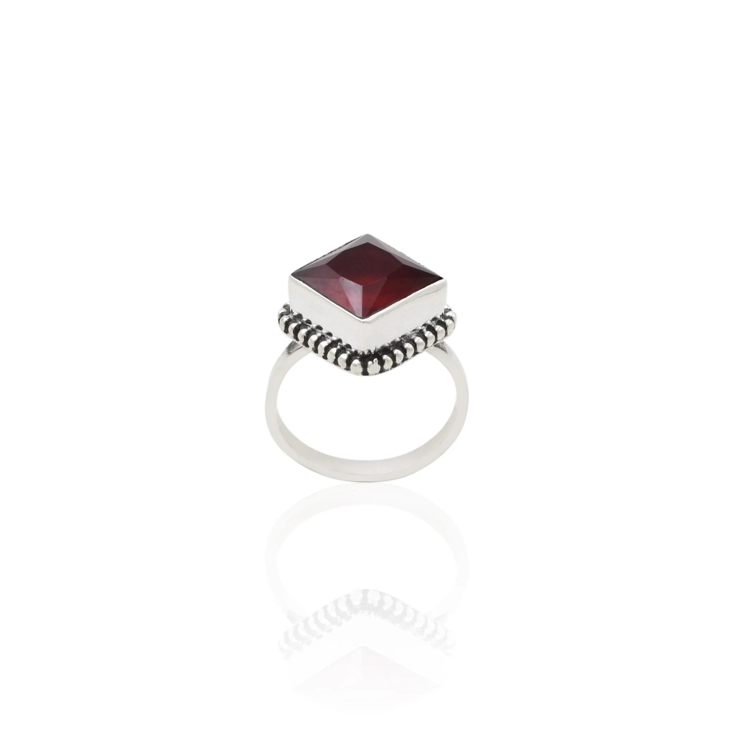 925 Silver Square Red Stone Ring for Women