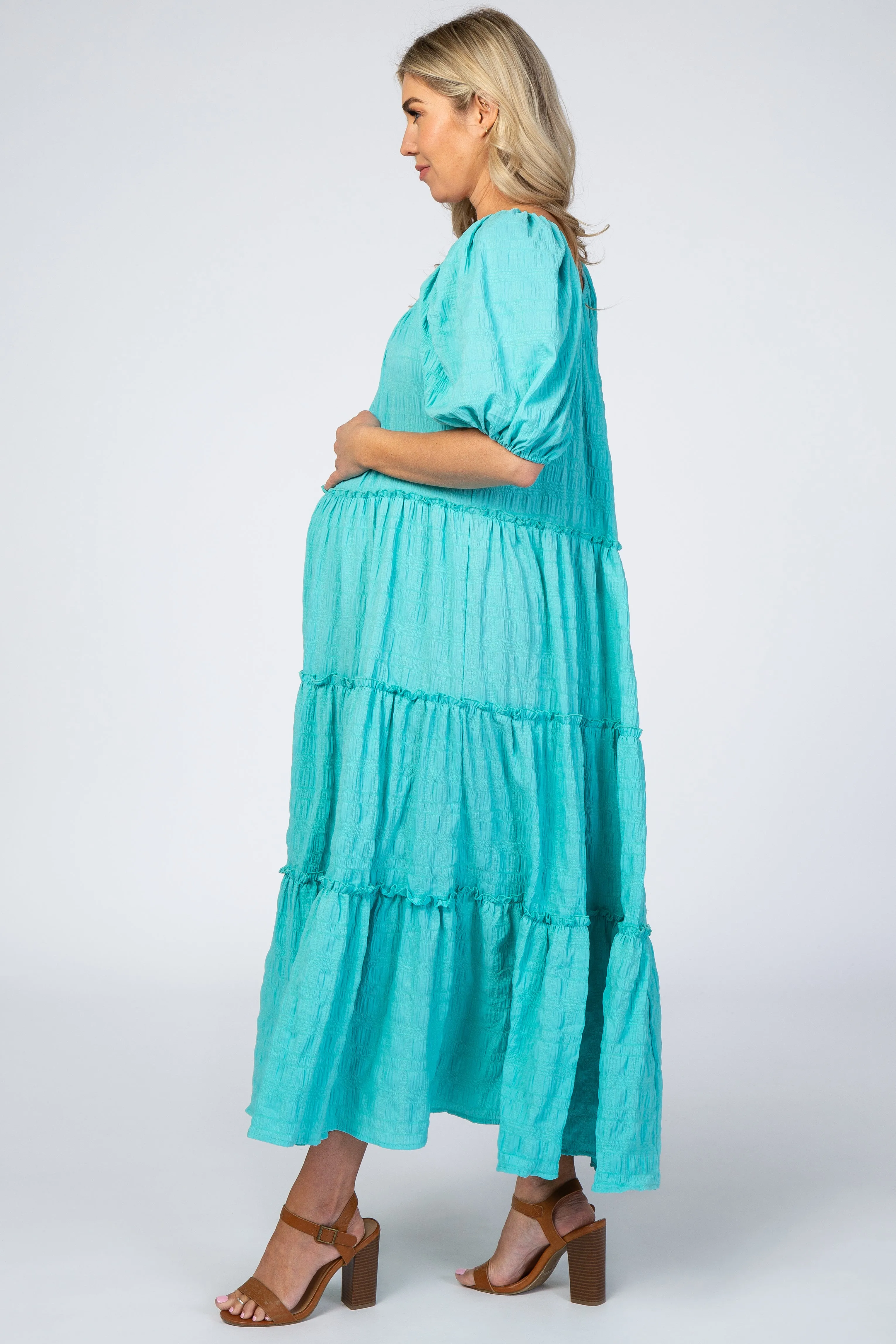 Aqua Textured Tiered Maternity Midi Dress