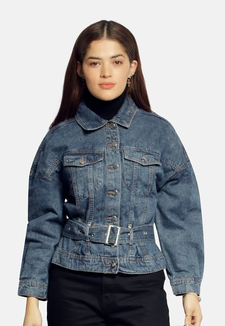 Balloon Sleeve Belted Denim Shacket