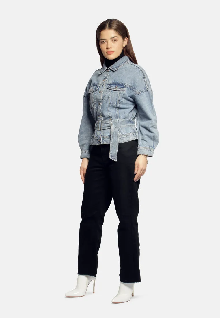 Balloon Sleeve Belted Denim Shacket