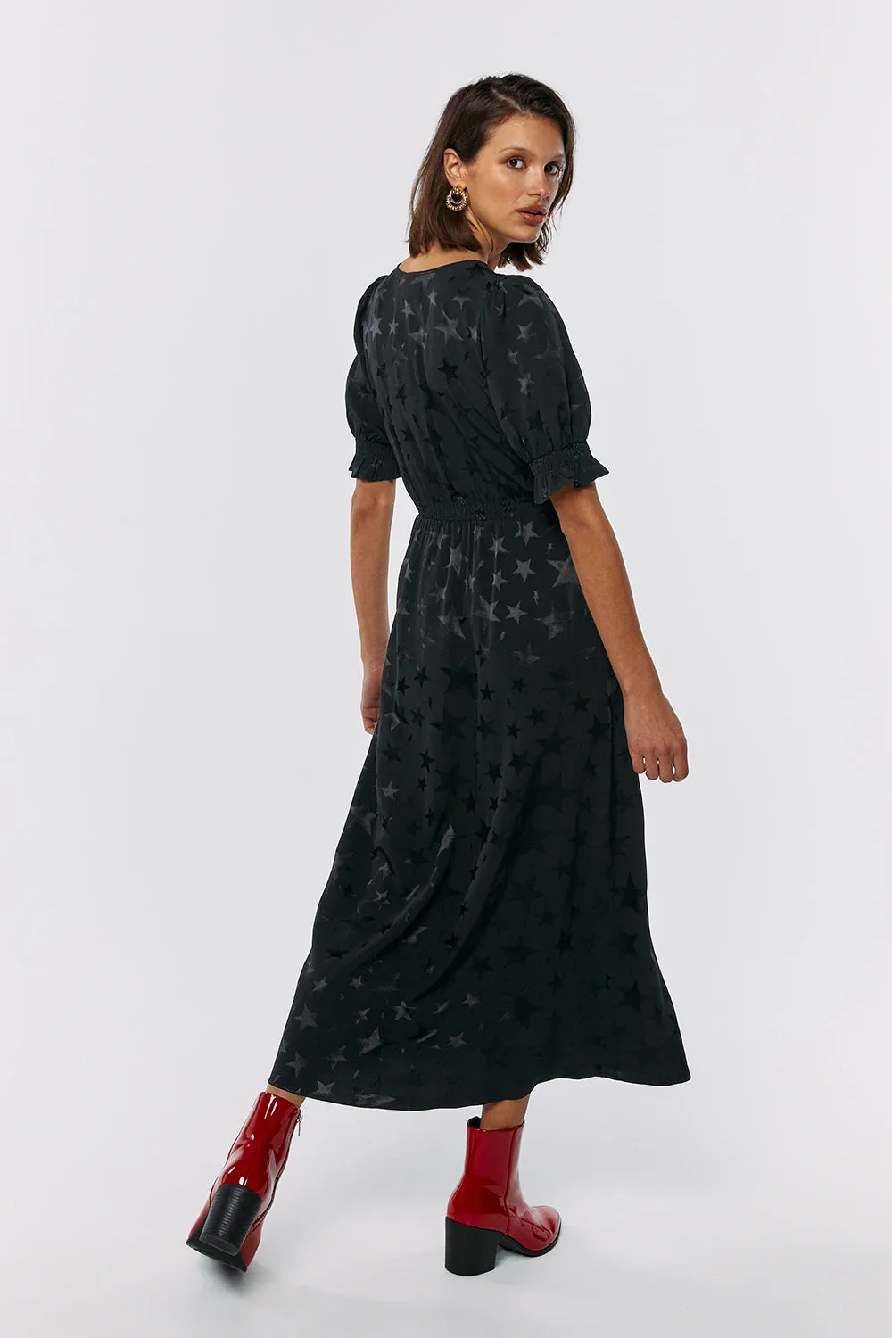 Black Jacquard Star Flute Sleeve Midi Tea Dress