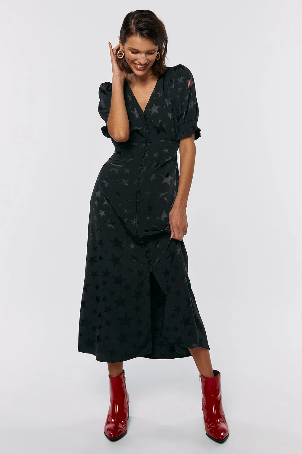 Black Jacquard Star Flute Sleeve Midi Tea Dress