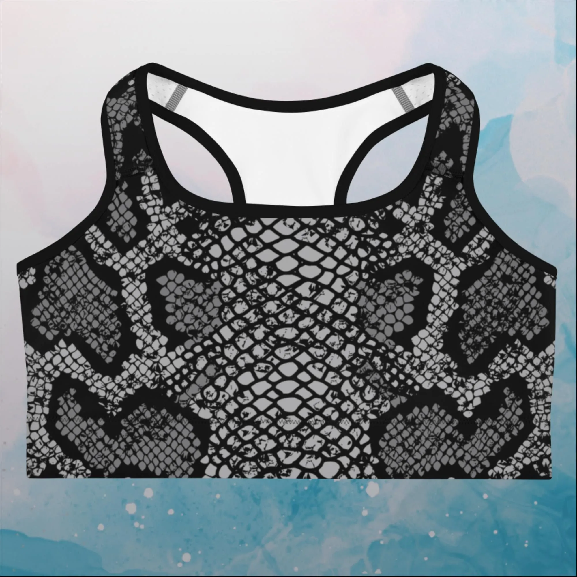 Black Snake Skin Print Womens Sports Bra