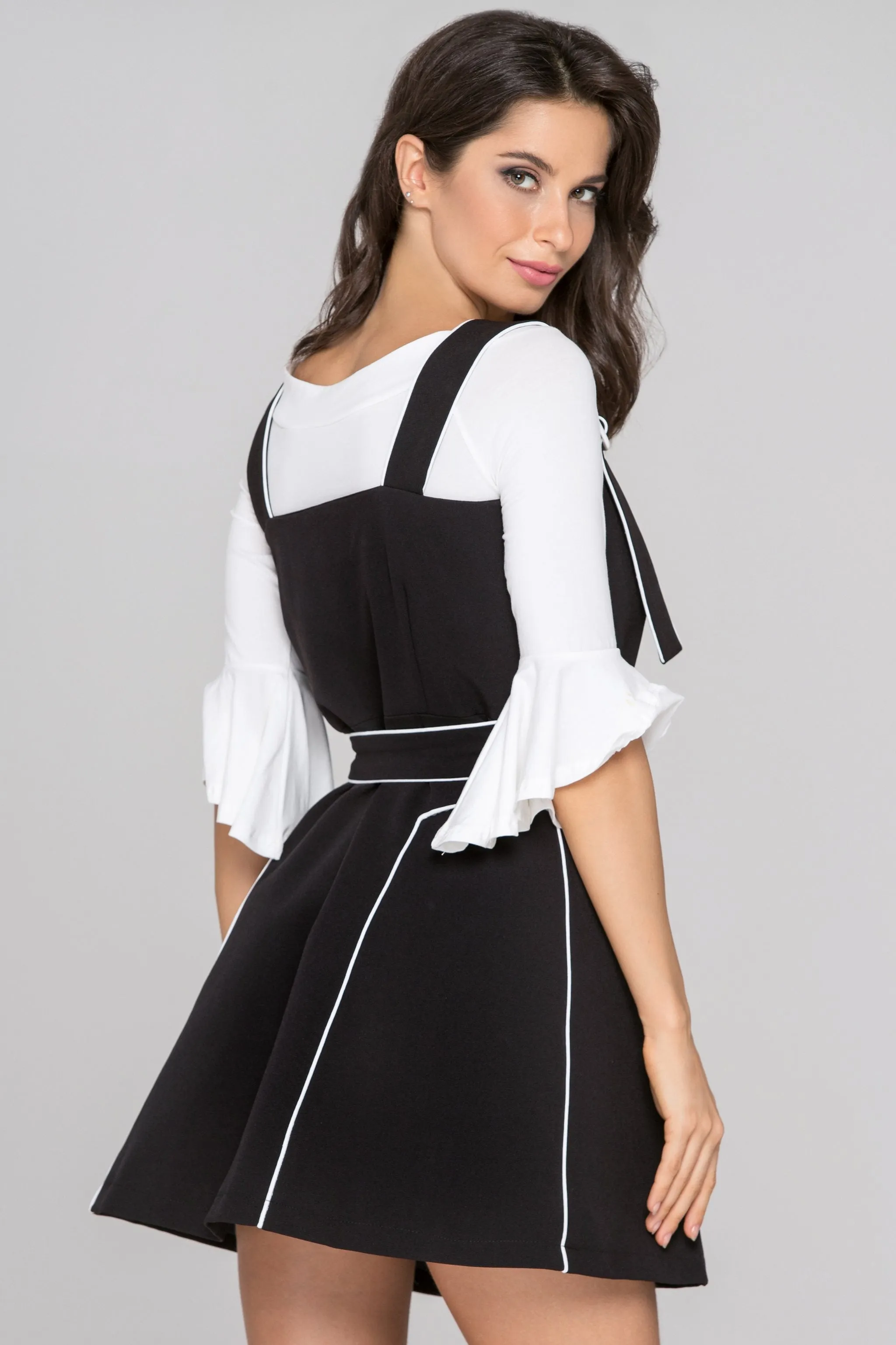 Black White Trim Double Button Two Piece Mini Dress