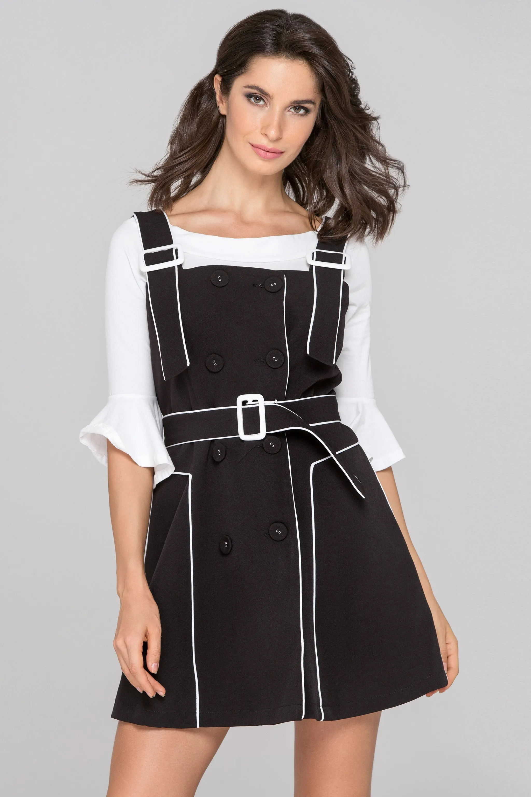 Black White Trim Double Button Two Piece Mini Dress