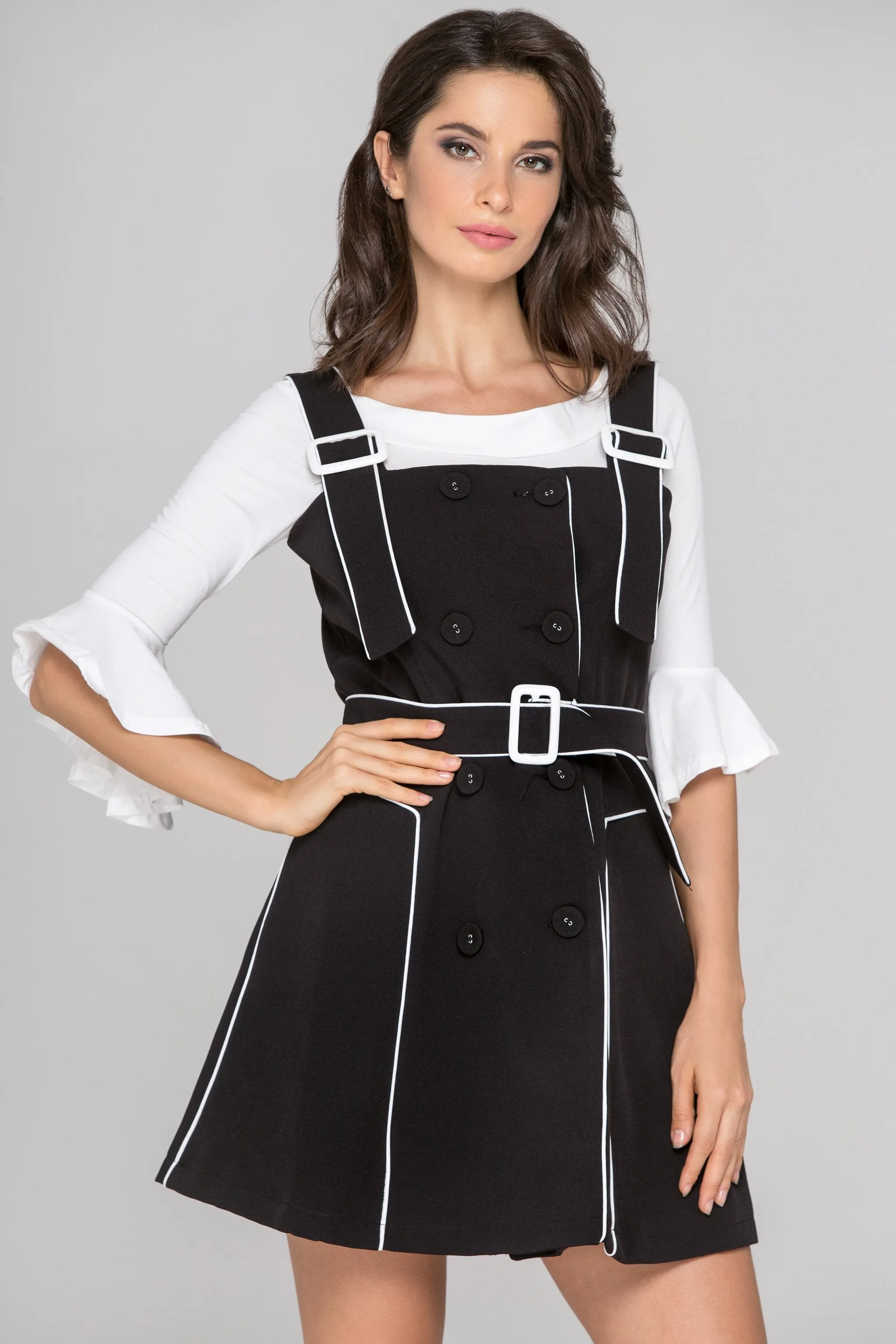 Black White Trim Double Button Two Piece Mini Dress