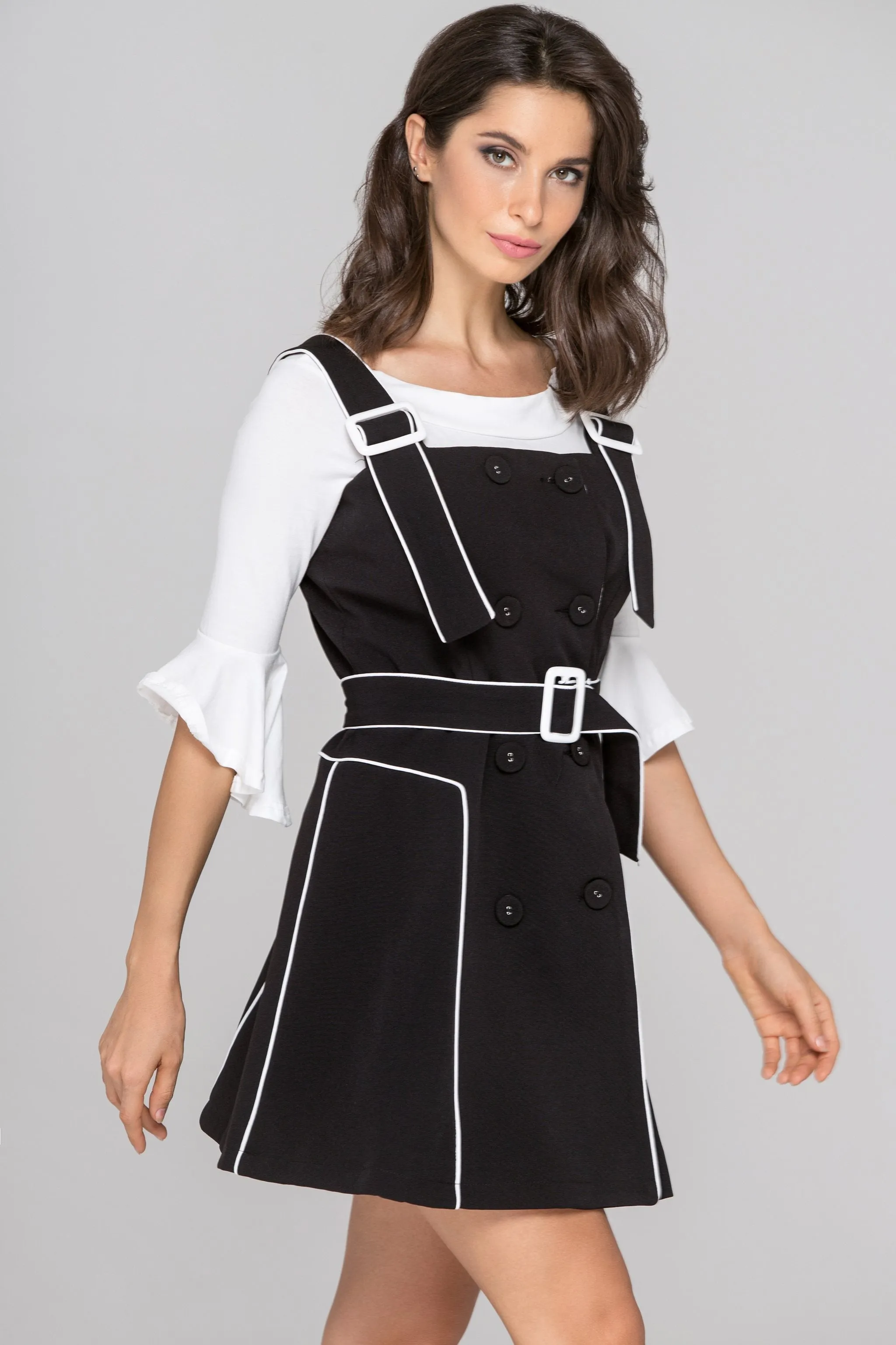 Black White Trim Double Button Two Piece Mini Dress