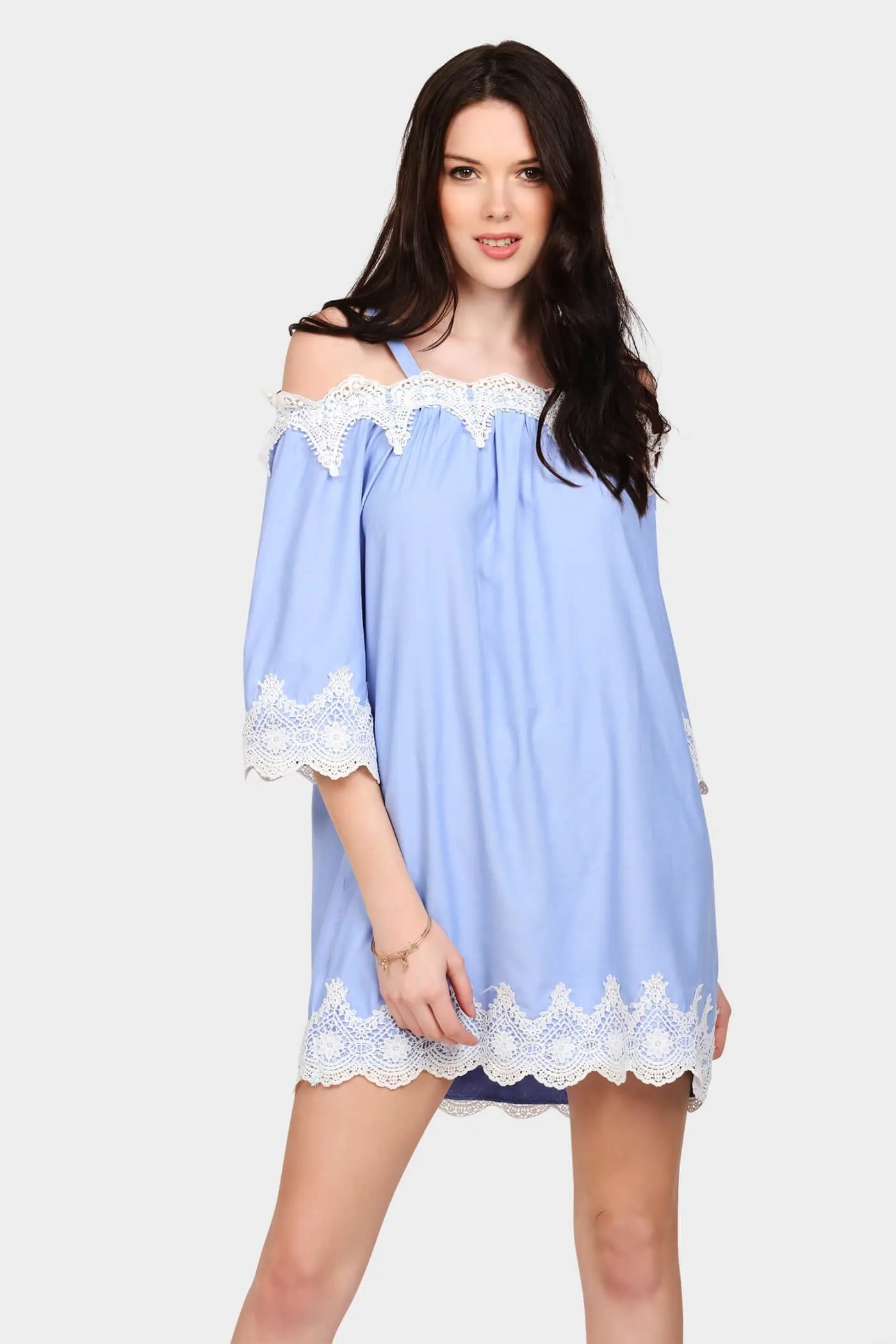 Blue Crochet Trim Cold Shoulder Dress