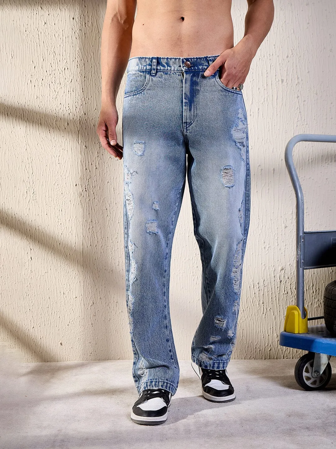 Blue Heavy Distressed Straight Fit Denim