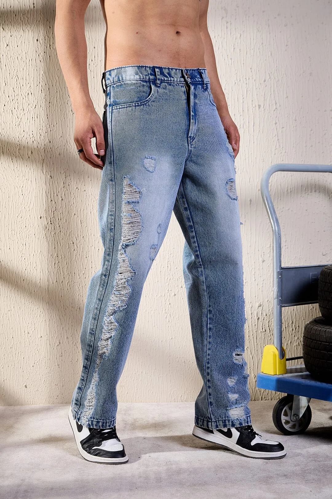 Blue Heavy Distressed Straight Fit Denim