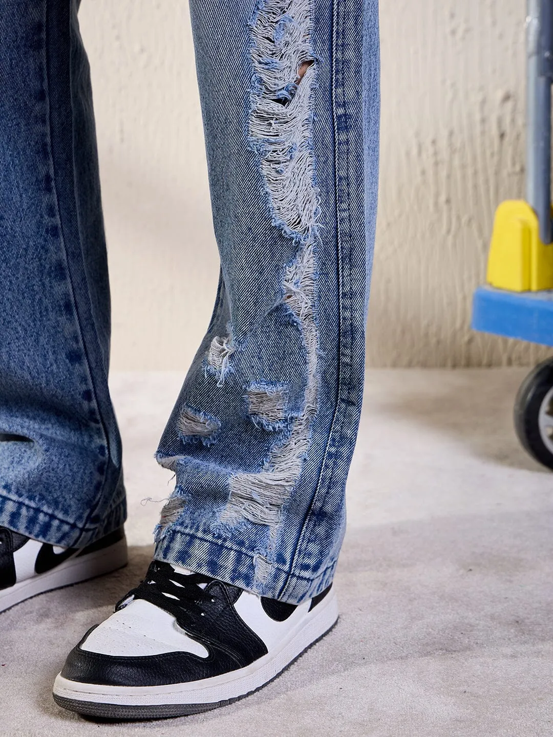 Blue Heavy Distressed Straight Fit Denim