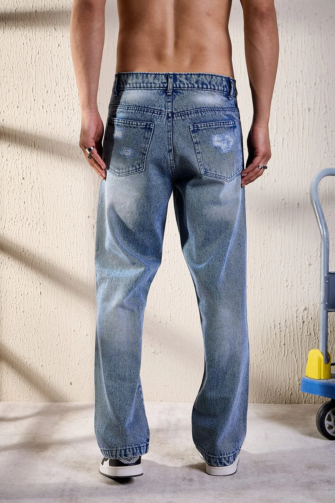 Blue Heavy Distressed Straight Fit Denim