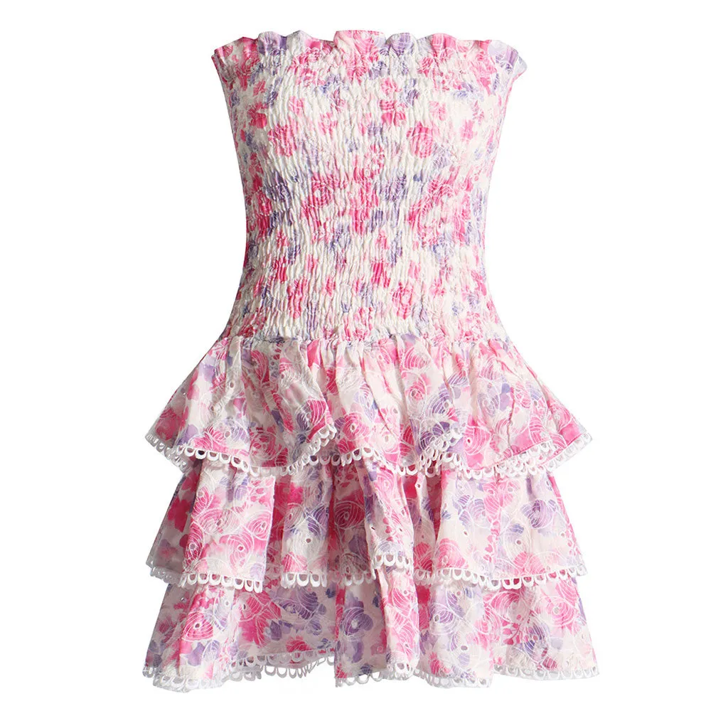 Boho Floral Embroidery Strapless Printed Smocked Tiered Ruffled Mini Dress