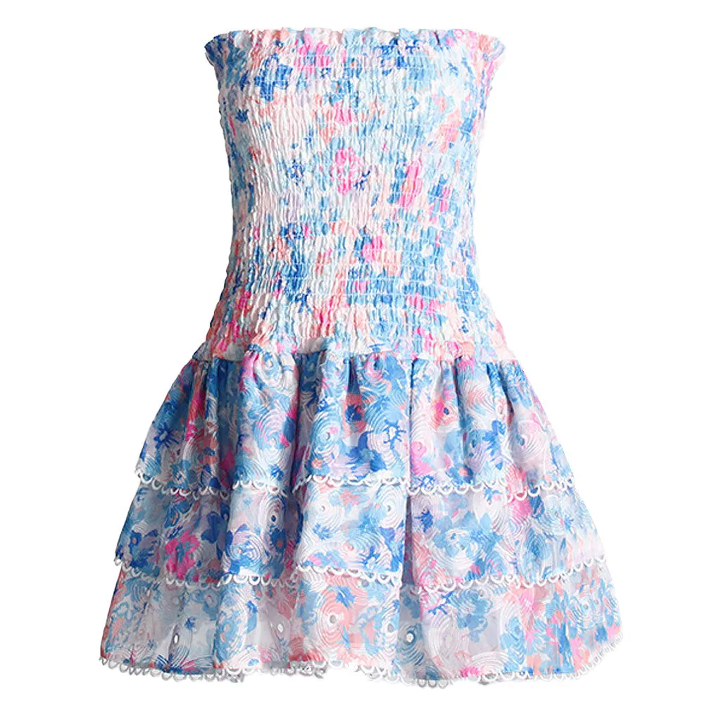 Boho Floral Embroidery Strapless Printed Smocked Tiered Ruffled Mini Dress