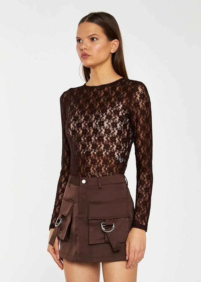 Brighid Long Sleeve Lace Bodysuit - Brown