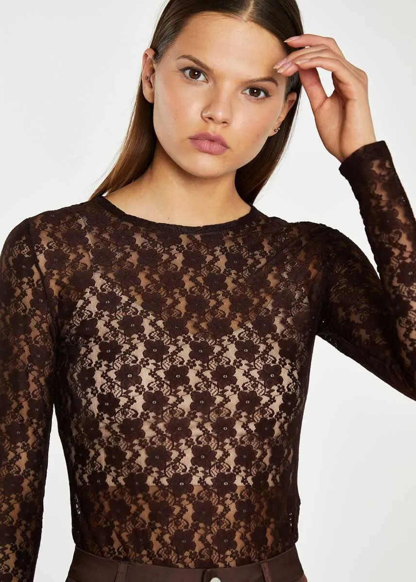 Brighid Long Sleeve Lace Bodysuit - Brown