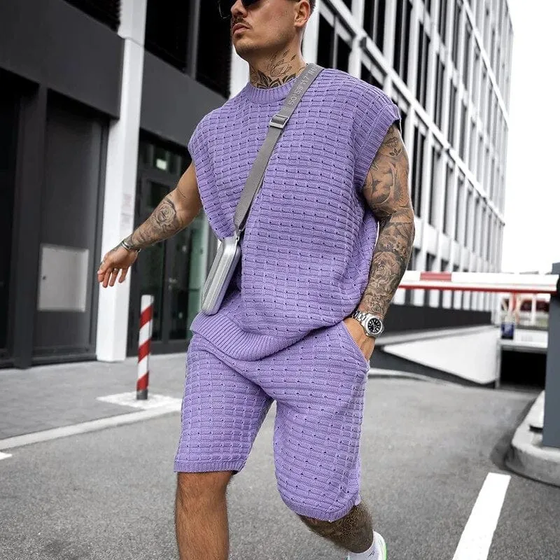 Casually Stylish: Men's Sleeveless Tops and Shorts Two-Piece Casual Set - Solid Streetwear Tracksuit Ensemble