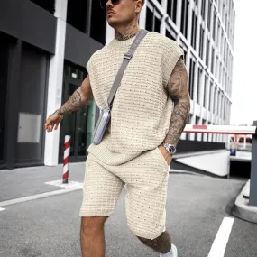 Casually Stylish: Men's Sleeveless Tops and Shorts Two-Piece Casual Set - Solid Streetwear Tracksuit Ensemble