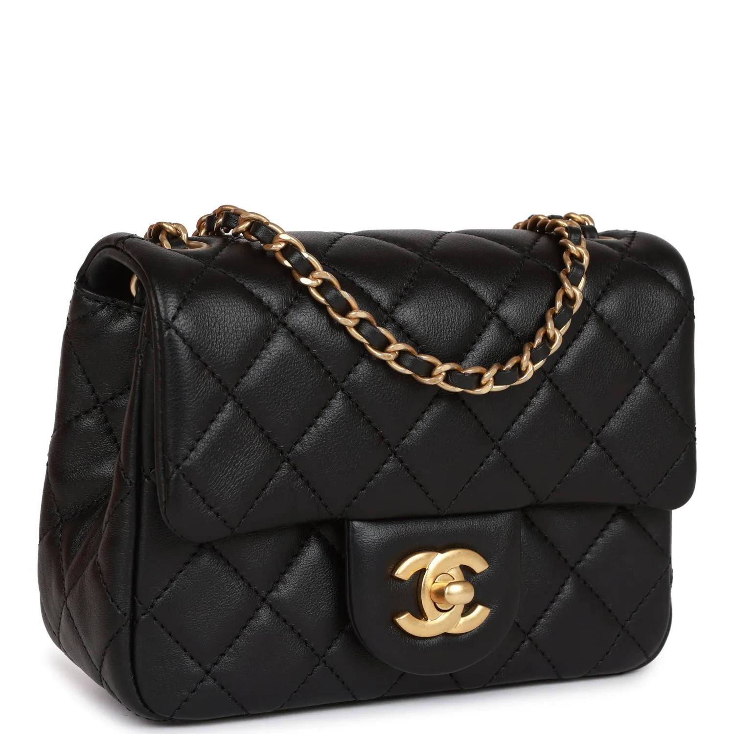 Chanel CC Pearl Crush Mini Square Flap Bag Black Lambskin Antique Gold Hardware