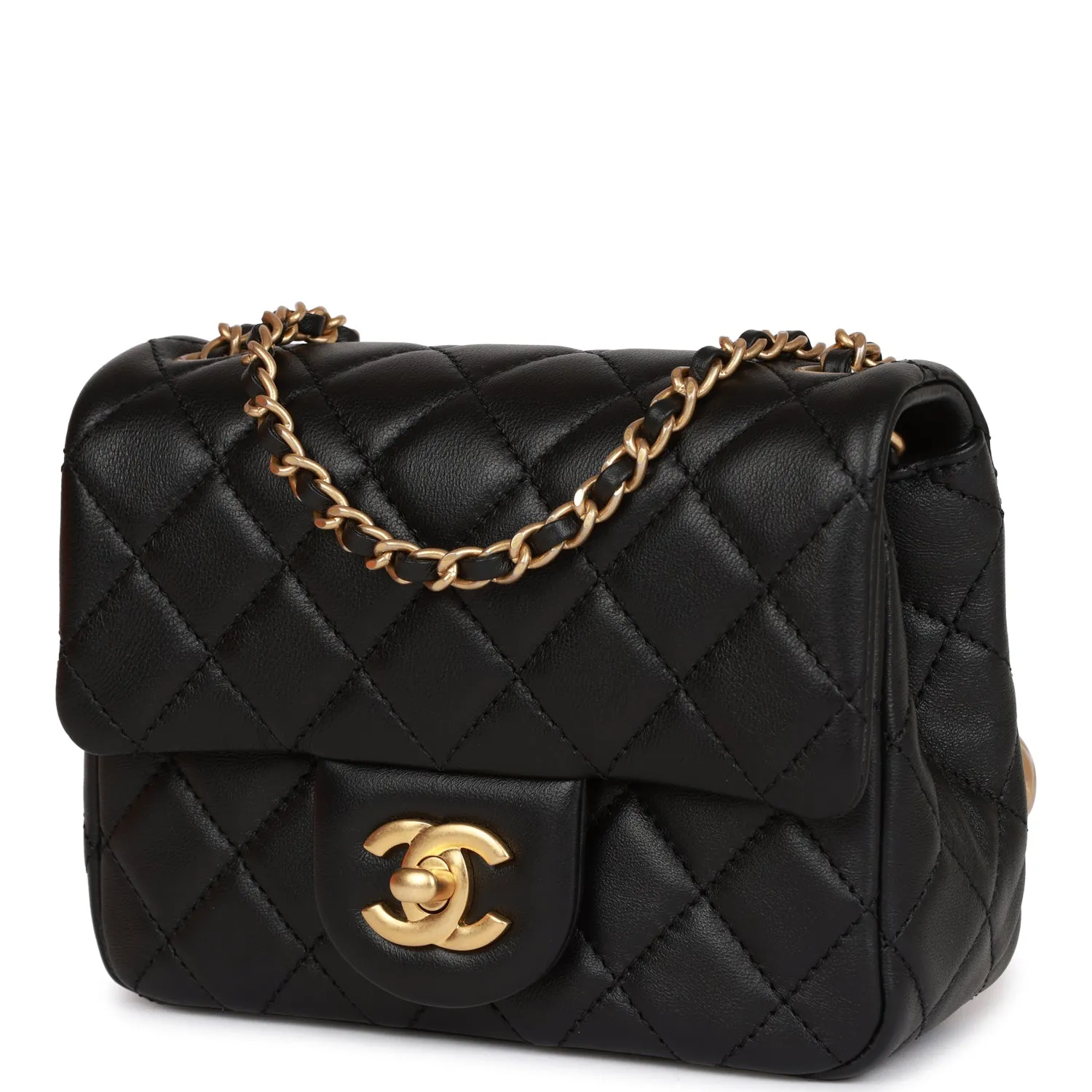 Chanel CC Pearl Crush Mini Square Flap Bag Black Lambskin Antique Gold Hardware