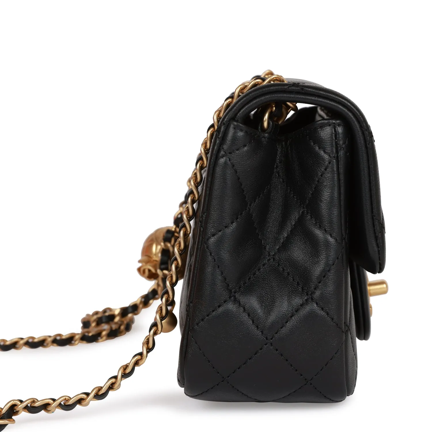 Chanel CC Pearl Crush Mini Square Flap Bag Black Lambskin Antique Gold Hardware