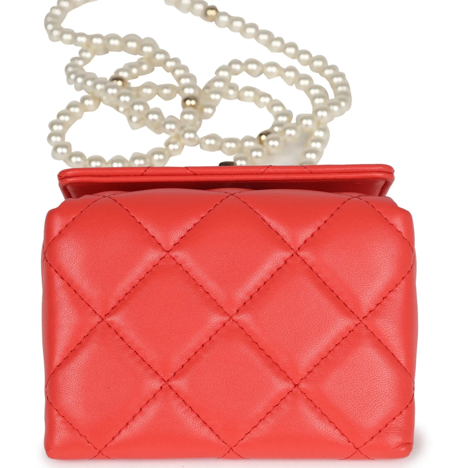 Chanel Mini Clutch with Pearl Chain Red Lambskin Light Gold Hardware