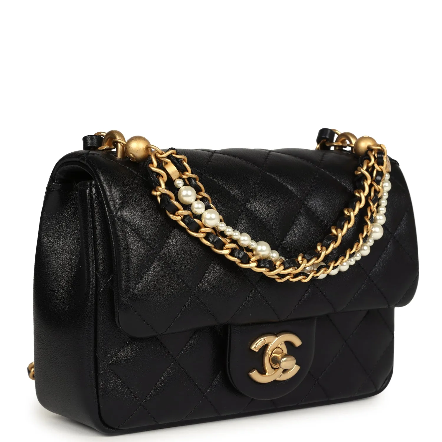 Chanel Mini Square Pearl Crush Flap Bag Black Lambskin Brushed Gold Hardware