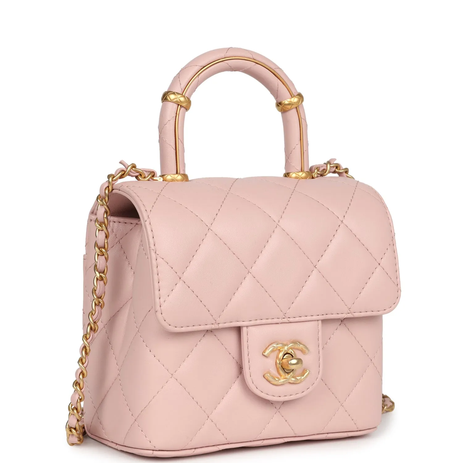 Chanel Mini Square Top Handle Flap Light Pink Lambskin Antique Gold Hardware