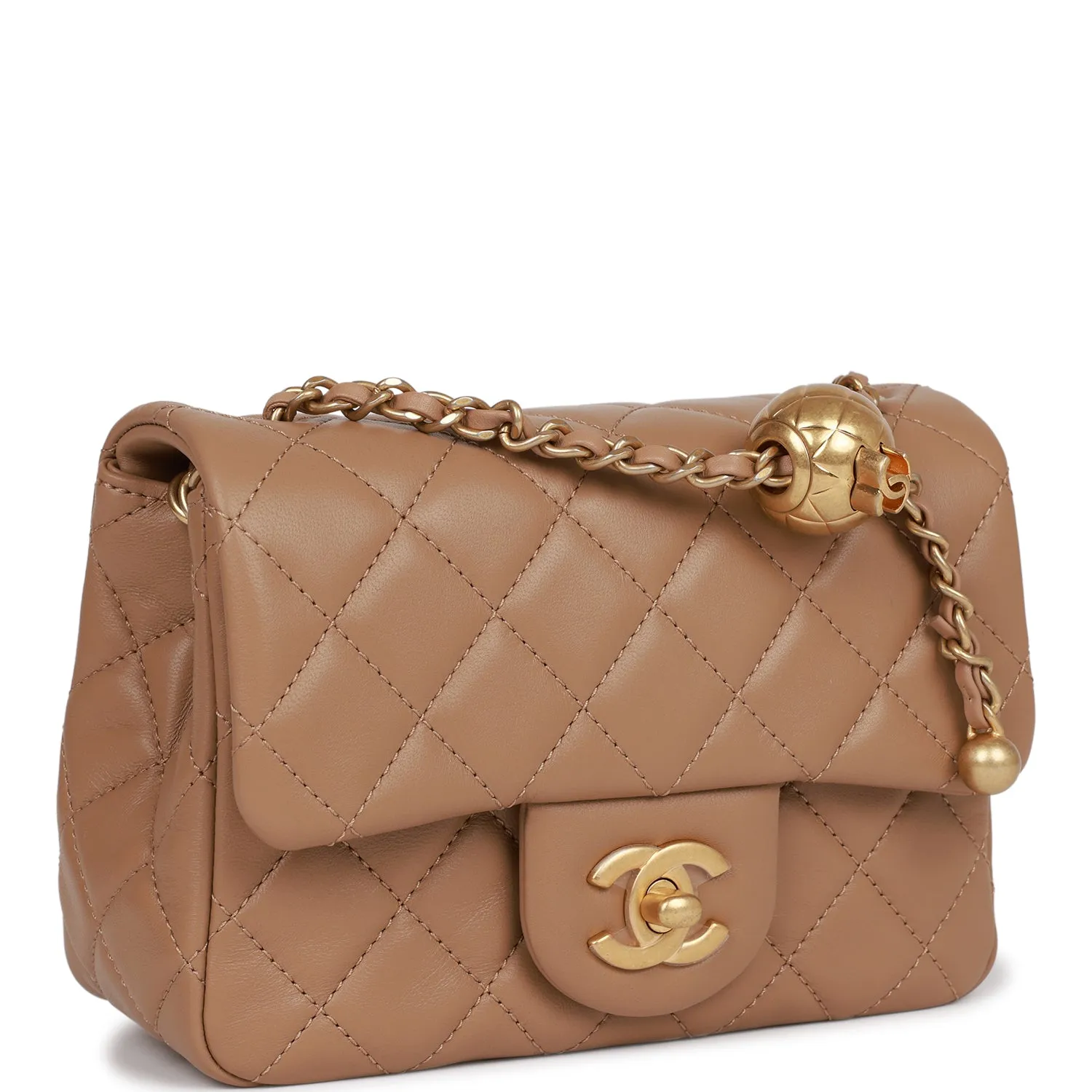 Chanel Pearl Crush Mini Square Flap Bag Beige Lambskin Antique Gold Hardware