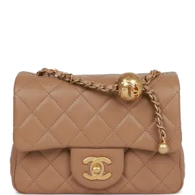 Chanel Pearl Crush Mini Square Flap Bag Beige Lambskin Antique Gold Hardware