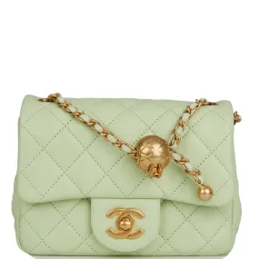 Chanel Pearl Crush Mini Square Flap Bag Light Green Lambskin Antique Gold Hardware