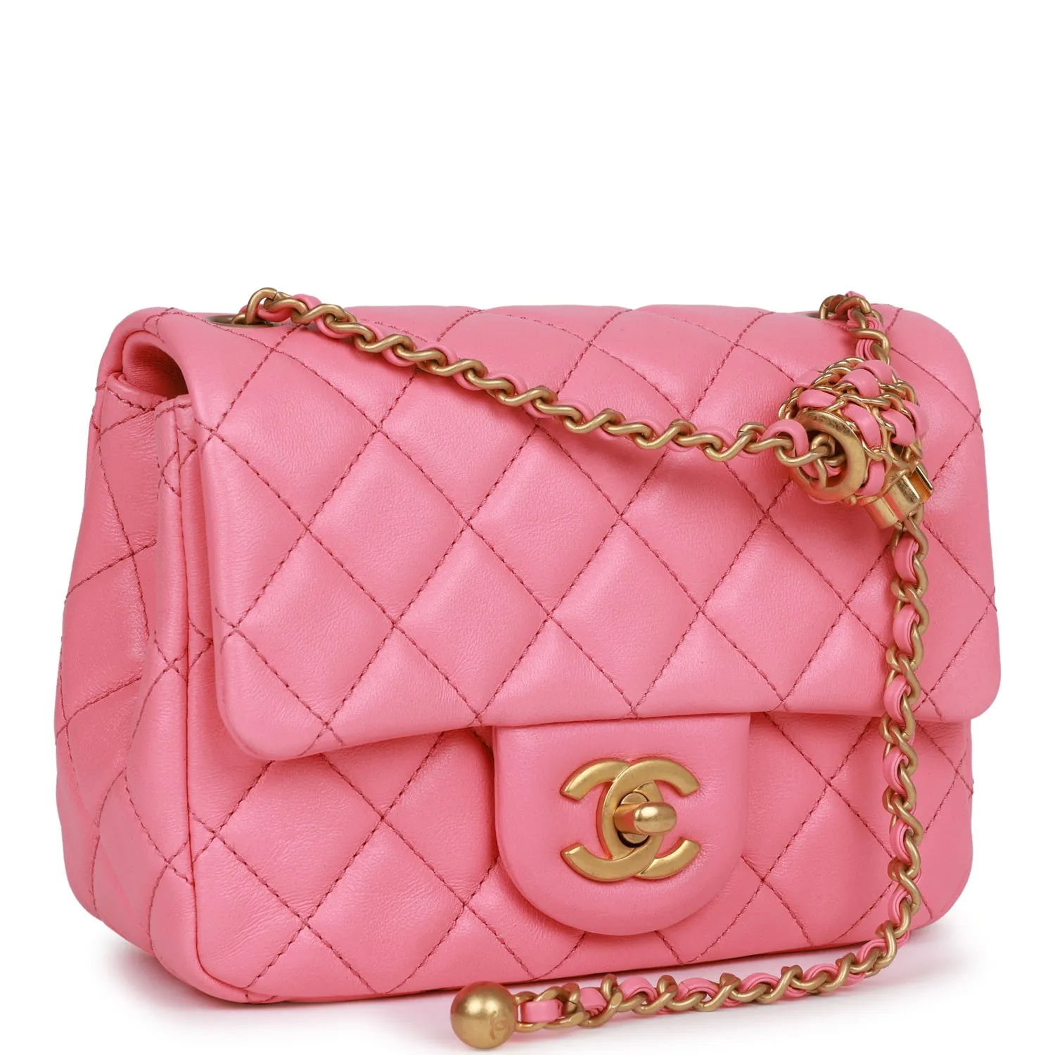 Chanel Pearl Crush Mini Square Flap Bag Pink Lambskin Antique Gold Hardware