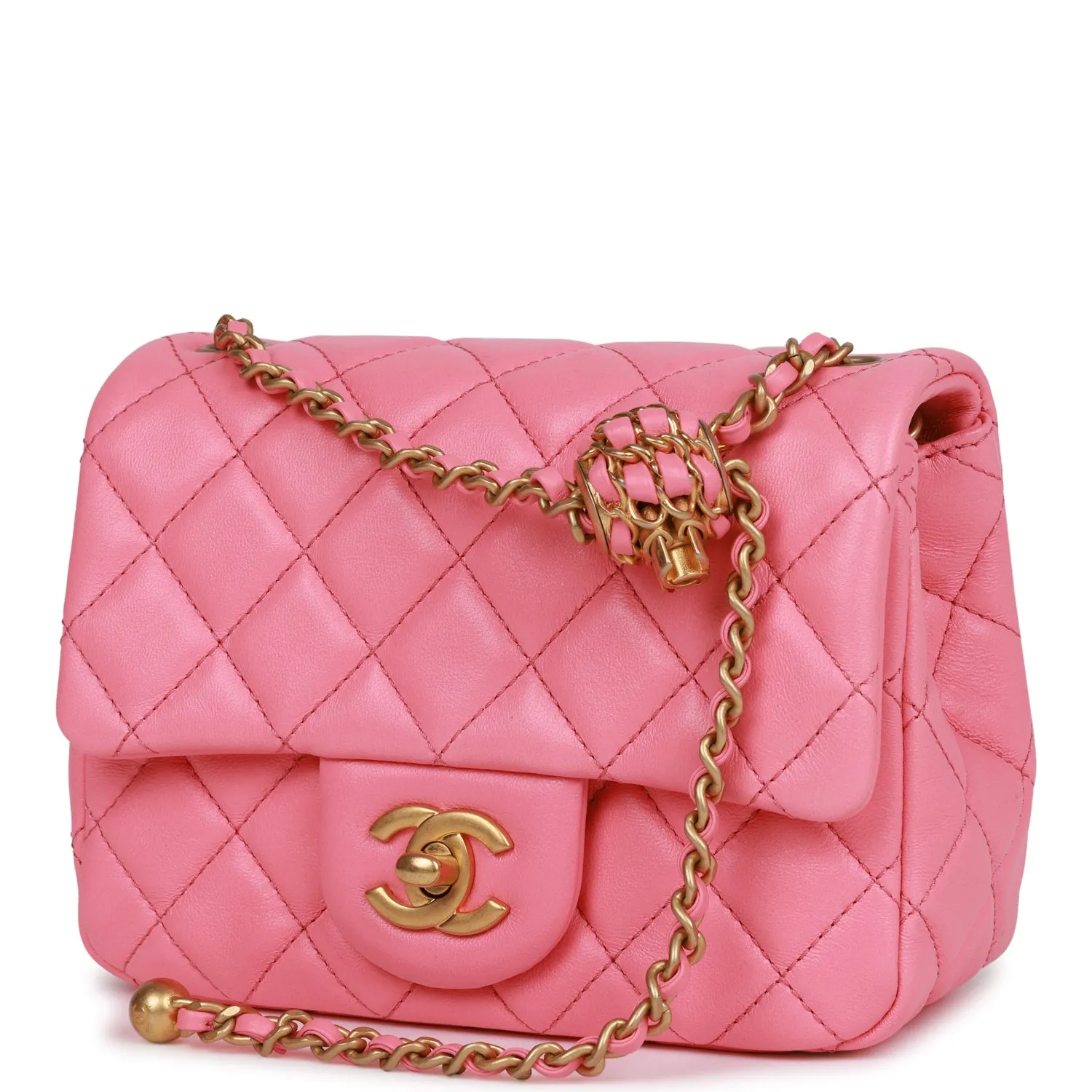 Chanel Pearl Crush Mini Square Flap Bag Pink Lambskin Antique Gold Hardware