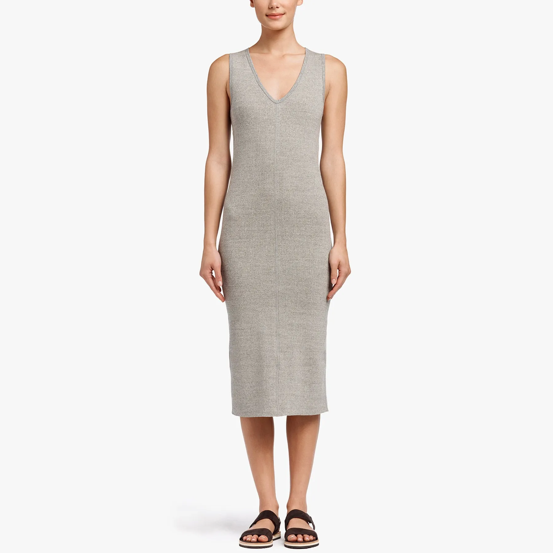 Contrast Binding Fitted Rib Dress - Pale Heather Grey