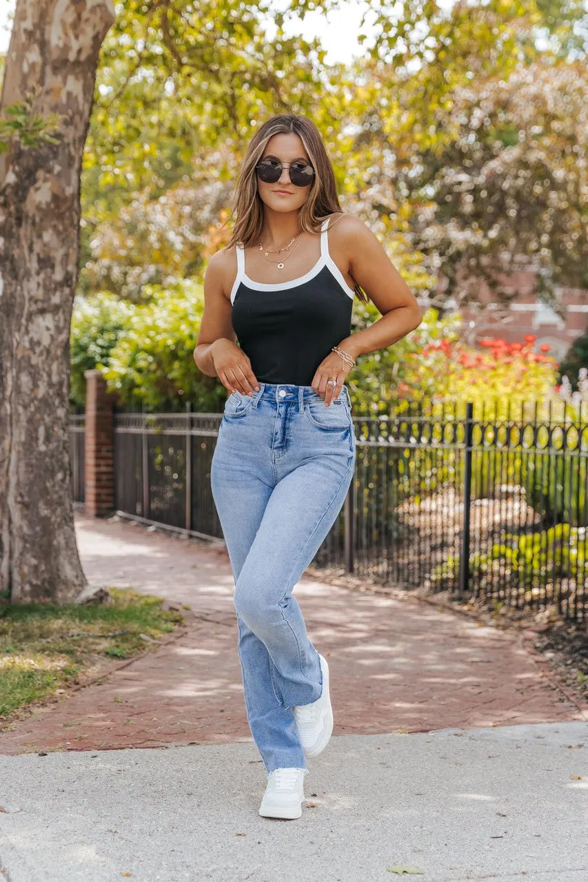 Contrast Ribbed Tank Bodysuit - Black - FINAL SALE