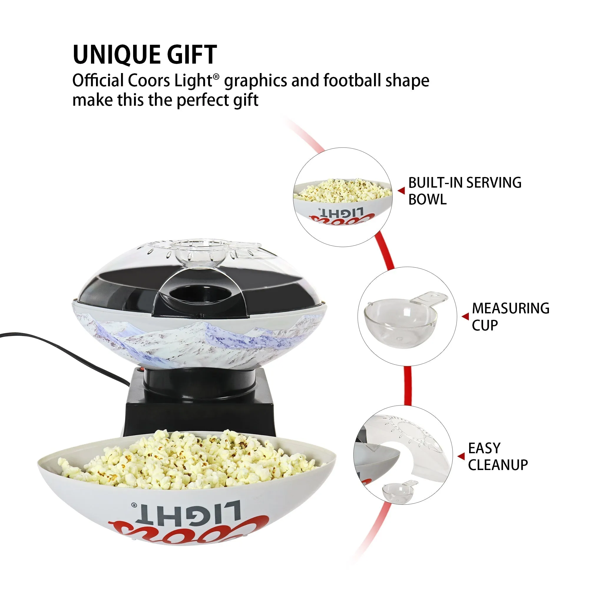 Coors Light Hot Air Popcorn Maker, Football Shaped Air Popper, with Serving Bowl, Kernel Measuring Cup, Butter Melter, Makes Healthy Snacks with No Oil or Microwave, for Movie Nights and Sports Fans