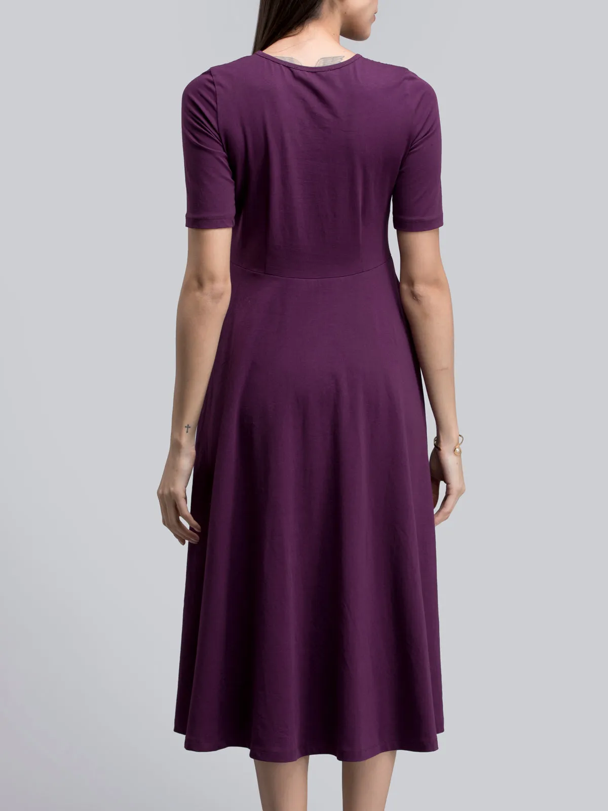 Cotton Round Neck Knitted Fit And Flare Dress - Purple