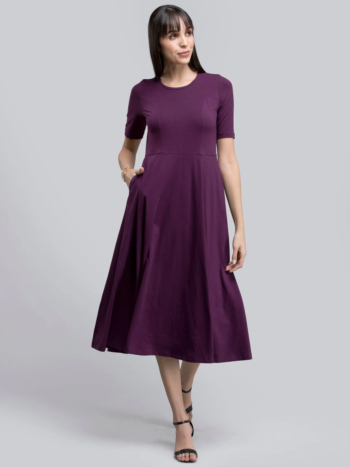 Cotton Round Neck Knitted Fit And Flare Dress - Purple