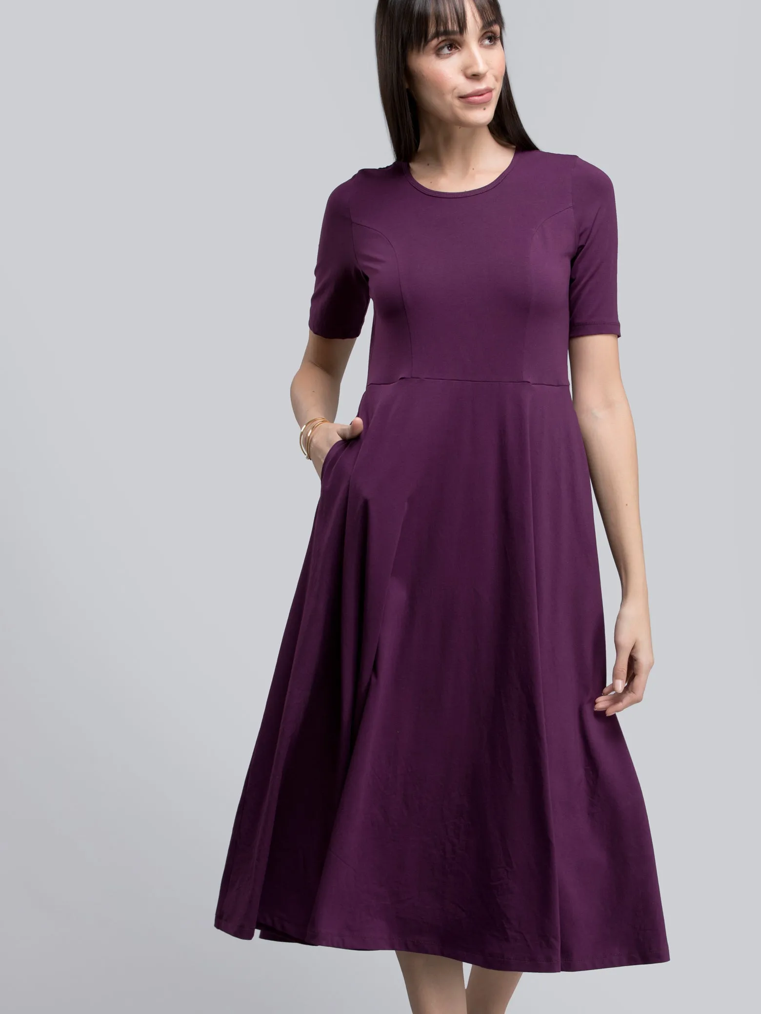 Cotton Round Neck Knitted Fit And Flare Dress - Purple