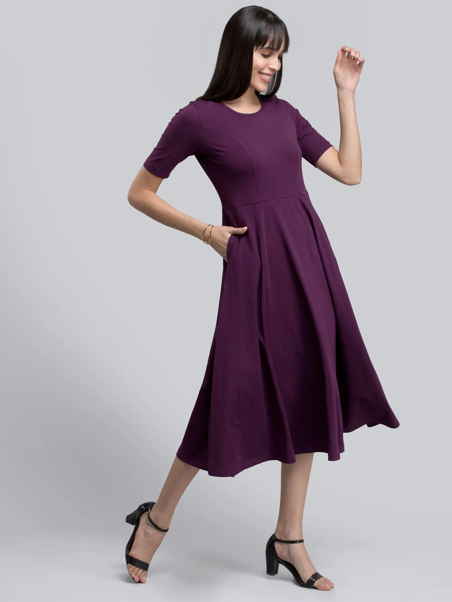 Cotton Round Neck Knitted Fit And Flare Dress - Purple