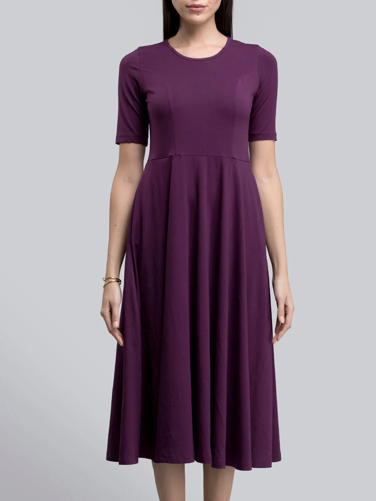 Cotton Round Neck Knitted Fit And Flare Dress - Purple