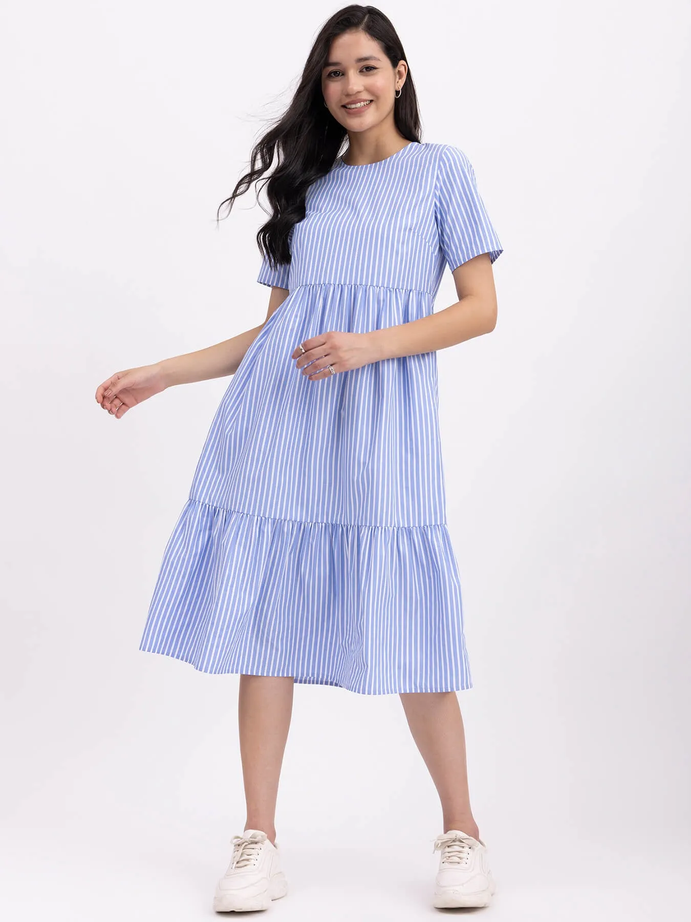 Cotton Tiered Striped Dress - Blue And White