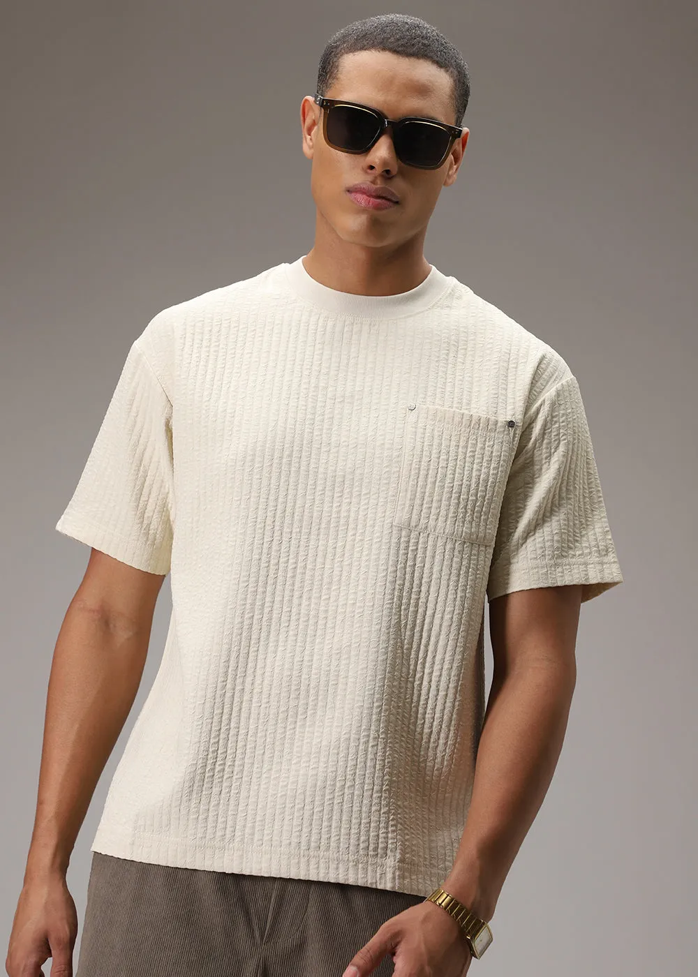 Cream Textured Oversized T-shirt