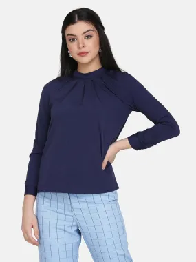 Crepe Sunrays Neck Top - Navy Blue