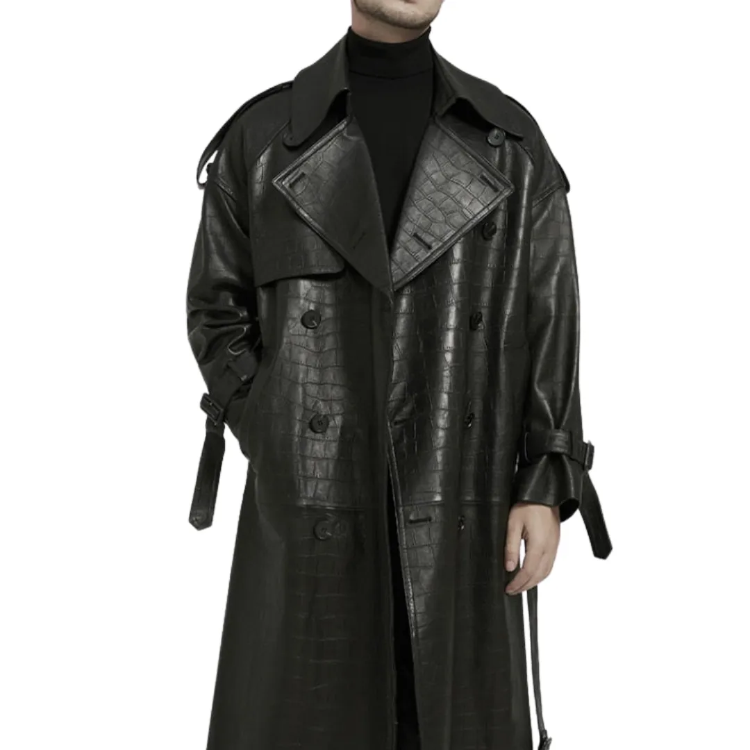 Croc Print Leather Trench Coat